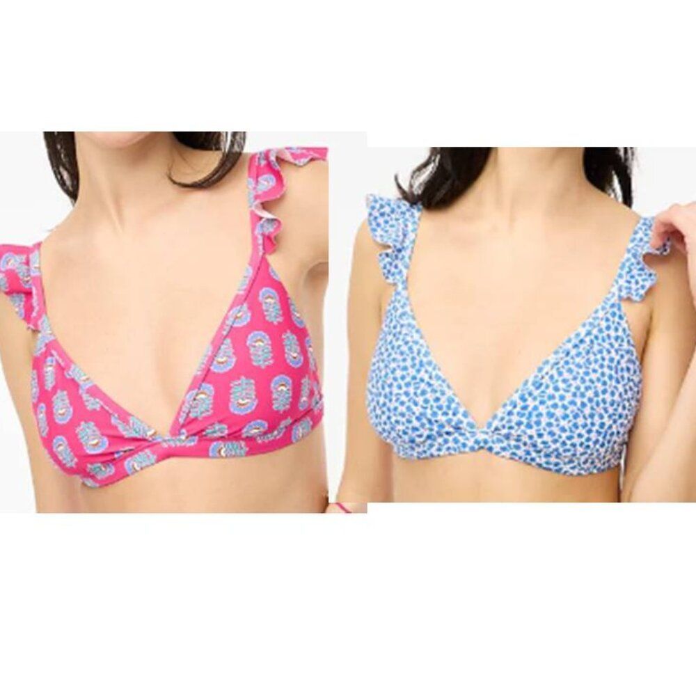 Bundle J Crew Women's Patterned Bikini Top Set of 2 Beach Pink & Blue Size XL